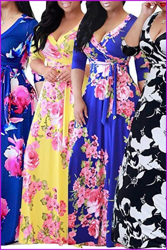 4 Colors Floral Printing Maxi Dress F114 - Furdela