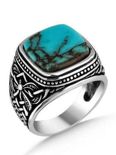 Vintage Turquoise Ethnic Embossed Pattern Ring Casual Vacation Women's Jewelry cc56