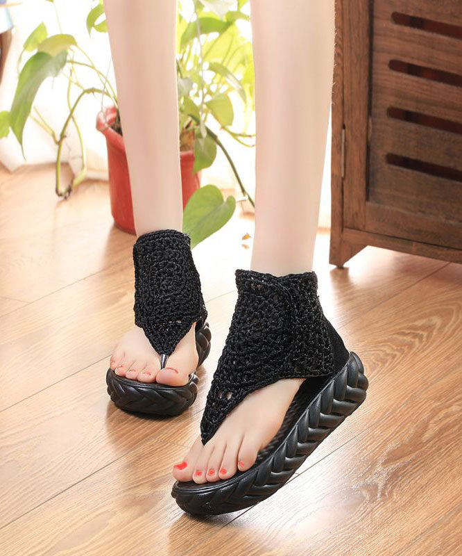 Boho Black Knit Fabric Splicing Platform Peep Toe Sandals LY1746