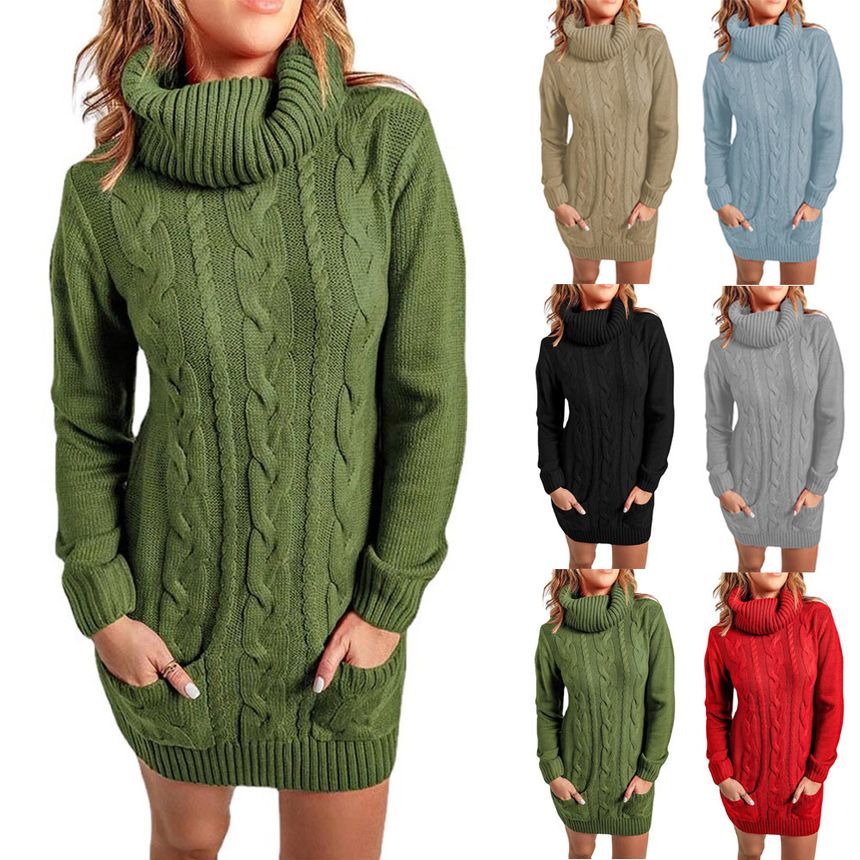 Turtleneck Plain Cable Knit Mini Sweater Dress YR4058