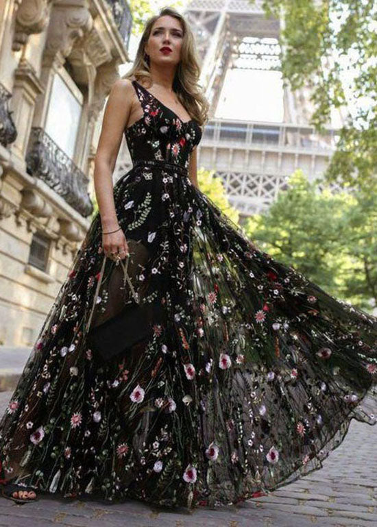Sexy Black Embroideried Patchwork Chiffon Dress Summer LY1920