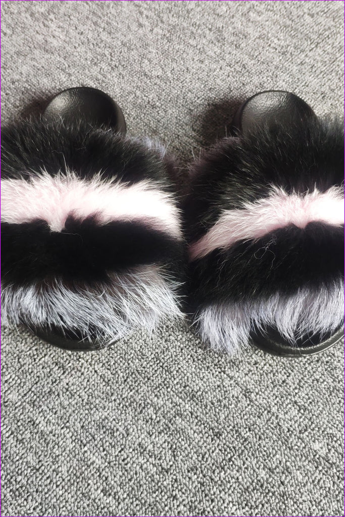 Black Mixed Pink Fox Full-Pelt Fur Sliders DF003 - Furdela