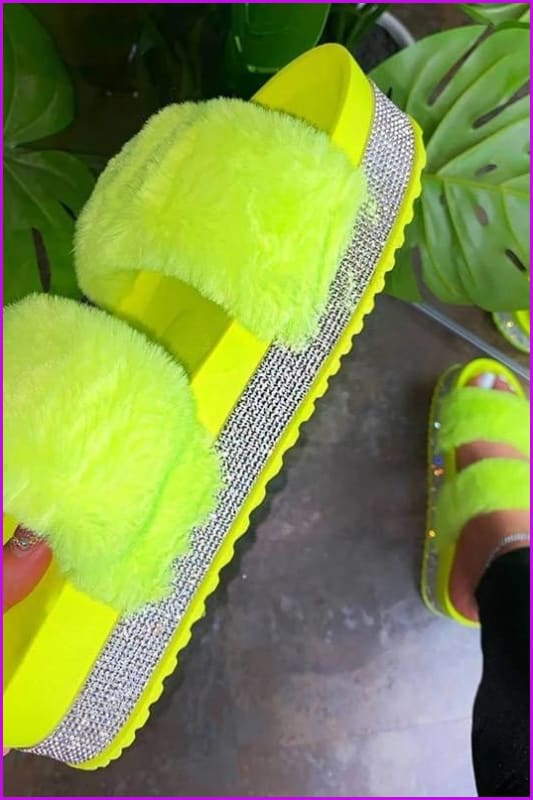 Bling Slide Sandals Plush Casual Slippers Furry Slides F1194 - Furdela