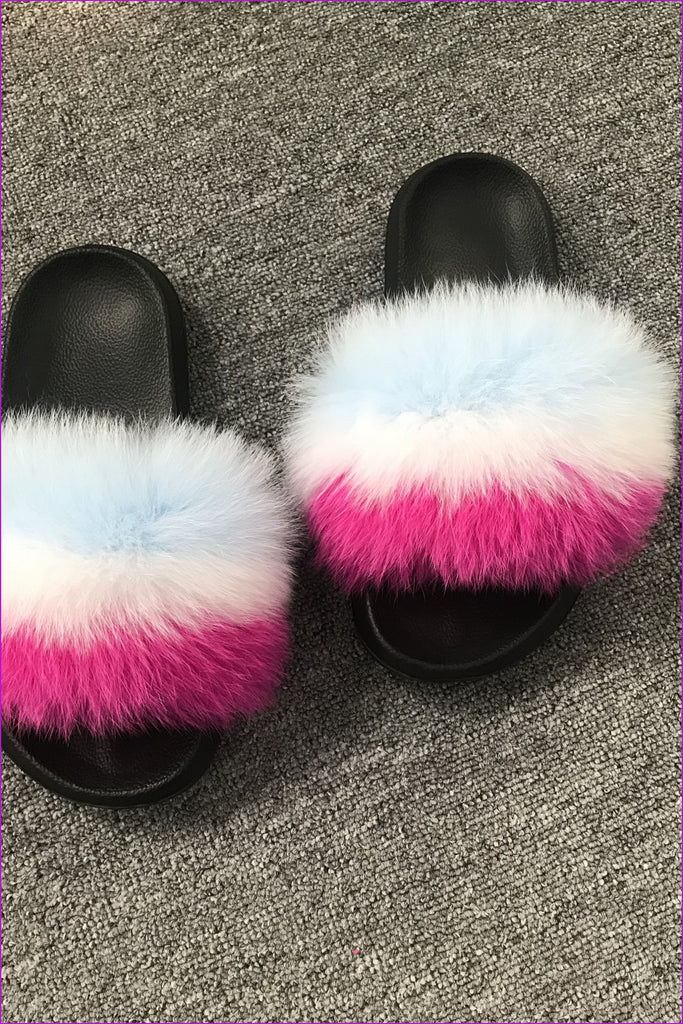 Candy Color Fox Fur Sliders DF003 Blue White Pink - Furdela