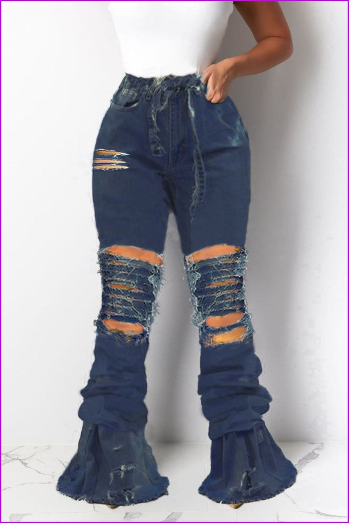 Chain Decorated Holes Pleated Women Flare JeansDE939 - Furdela