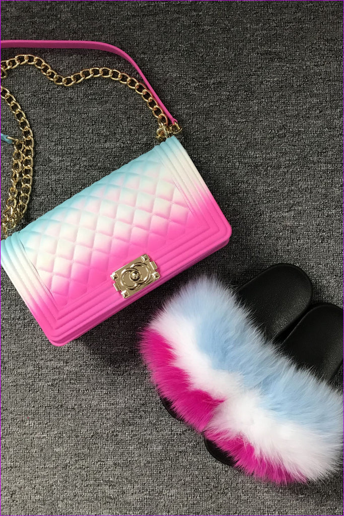 Colorful #B Blue White Pink Jelly Shoulder Bag And Slides Set - Furdela