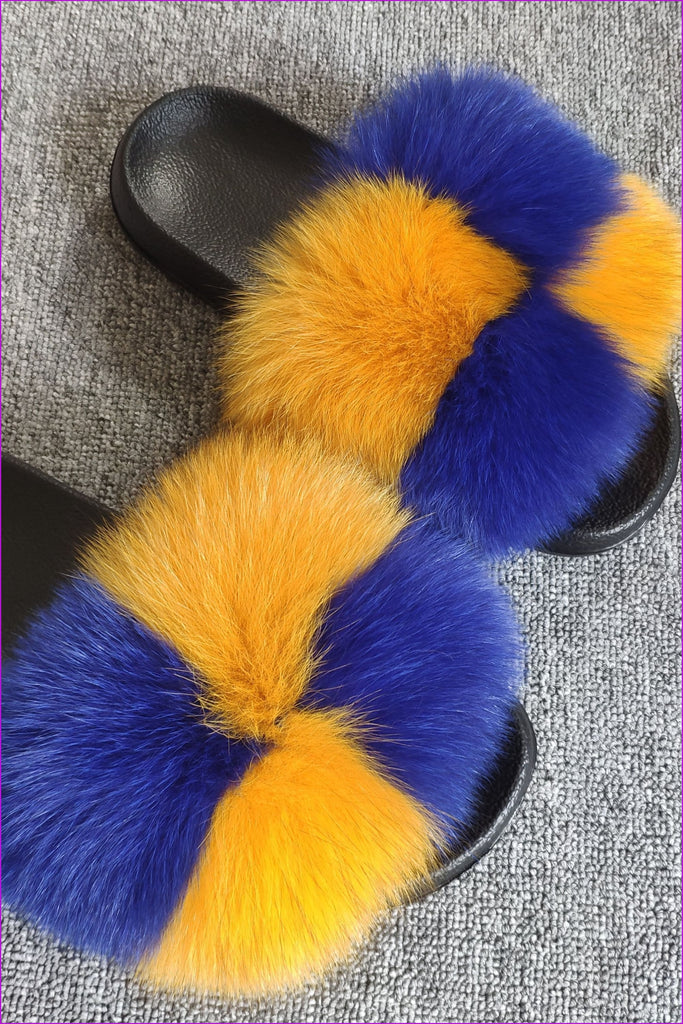 Dark Yellow And Royal Blue #1 Fox Full-Pelt Fur Sliders DF003 - Furdela