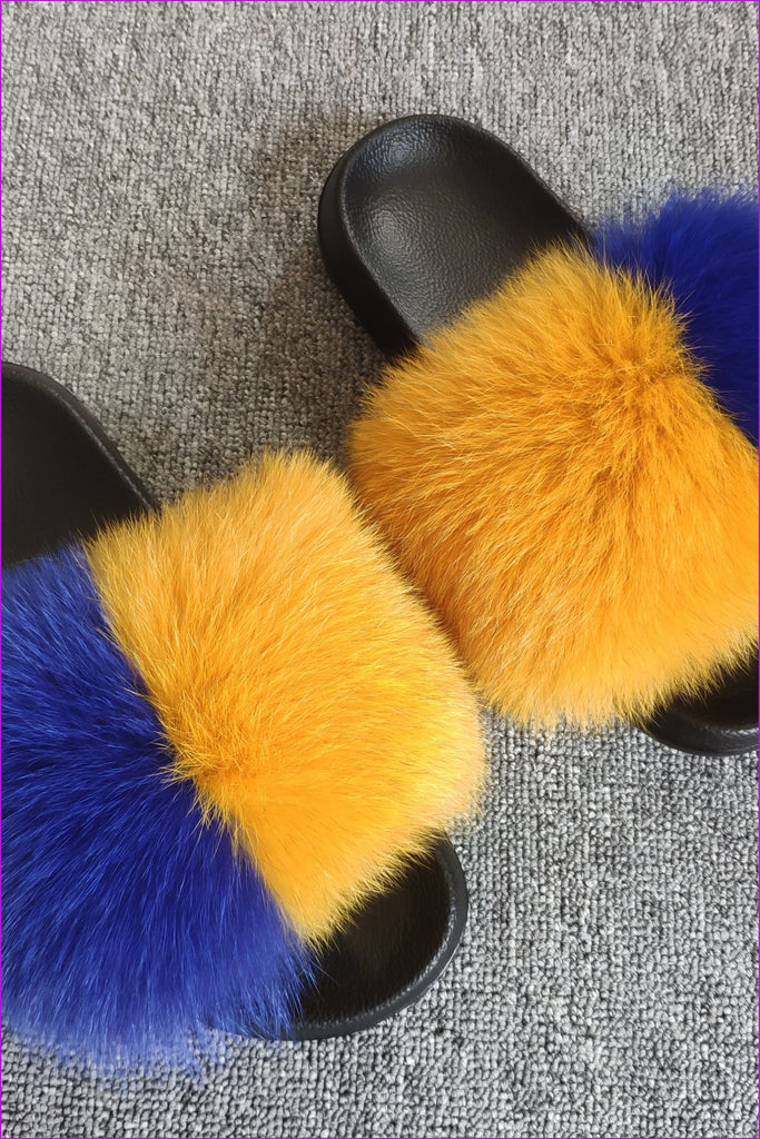 Dark Yellow And Royal Blue #2 Fox Full-Pelt Fur Sliders DF003 - Furdela