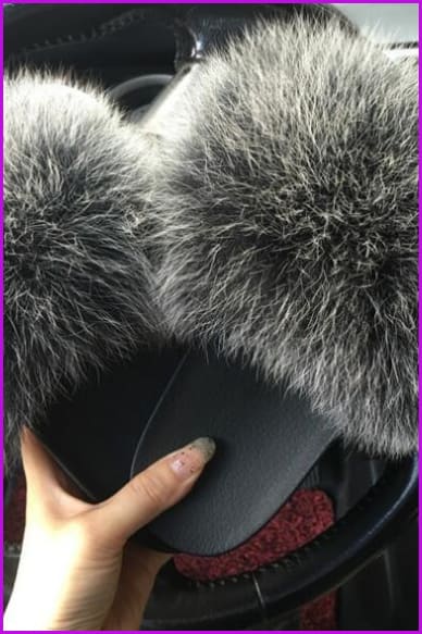 High Quality Black Mixed White Fox Full-Pelt Fur Sliders DF020 - Furdela Wholesale