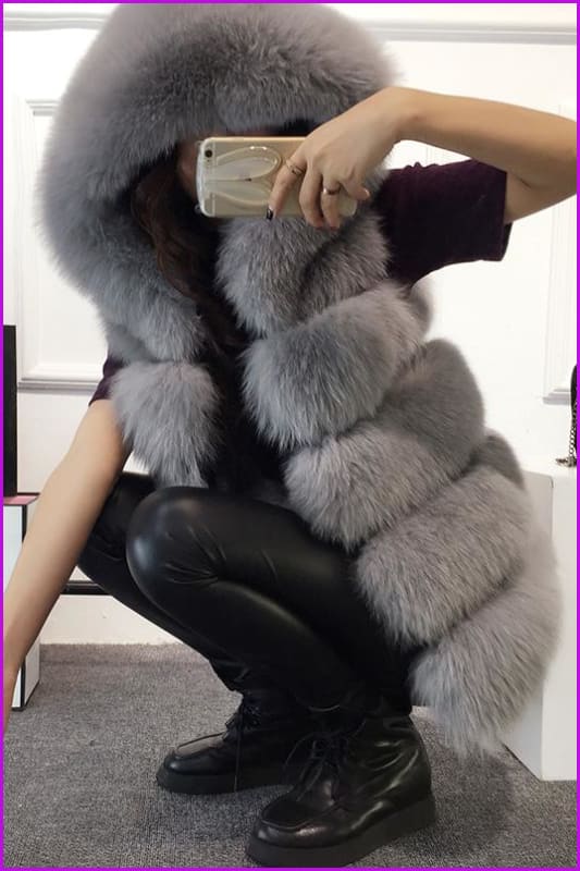 Hooded Bubble Collar Fox Fur Gilet DO1596 - Furdela