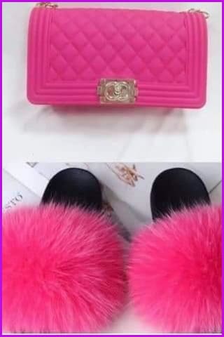 Hot Pink Jelly Shoulder Bag And Slides Set - Furdela