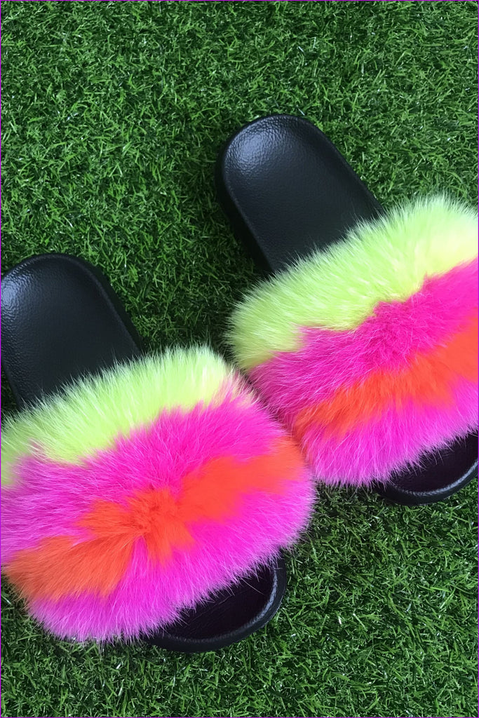 Hot Pink Orange Green Fox Fur Sliders DF003 - Furdela