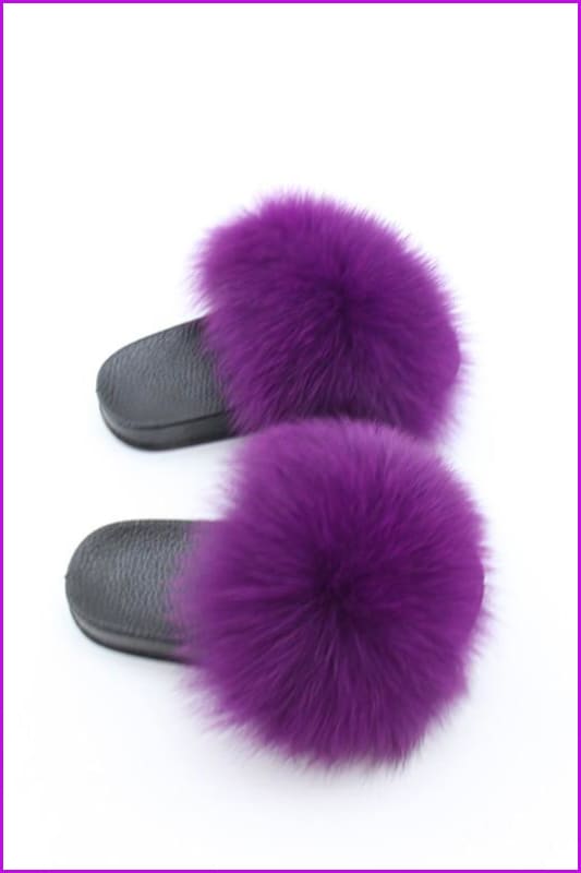Kids Dark Purple Fox Fur Sliders F003 - Furdela Wholesale