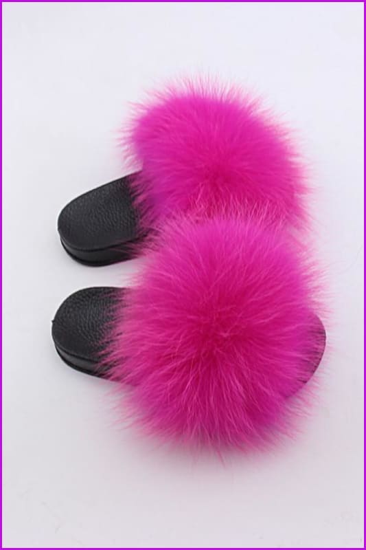 Kids Hot Pink Fox Fur Sliders F003 - Furdela