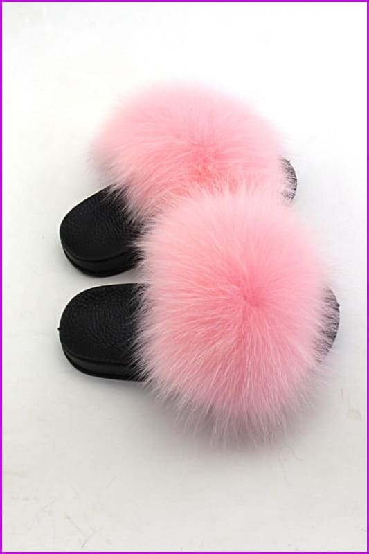 Kids Pink Fox Fur Sliders F003 - Furdela