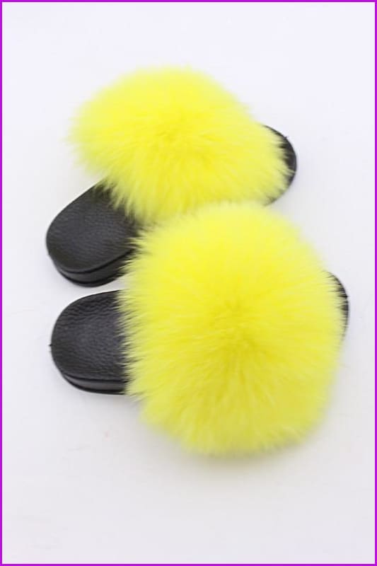 Kids Yellow Fox Fur Sliders F003 - Furdela Wholesale