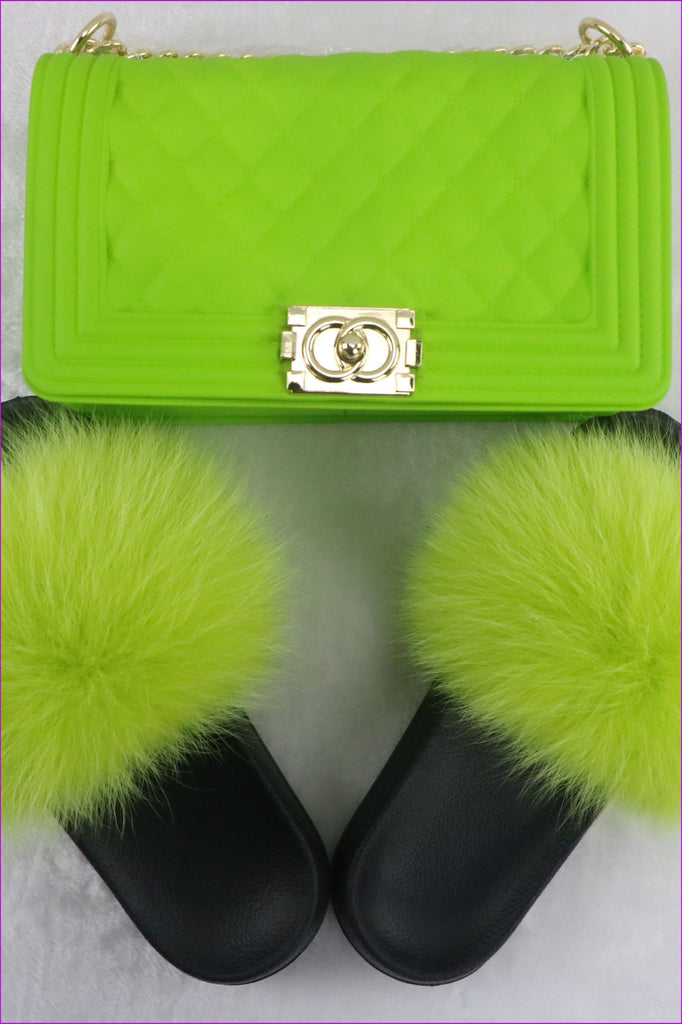 Lemon Green Fur Slides & Bag Set F735 - Furdela