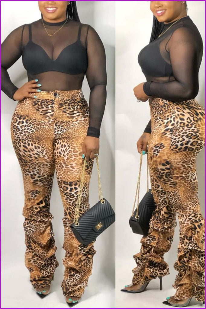 Leopard Print Stacked Pants For Women F992 - Furdela