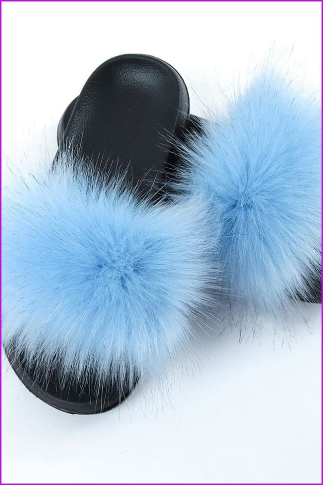 Light Blue Faux Fake Big Fur Slides F152 - Furdela