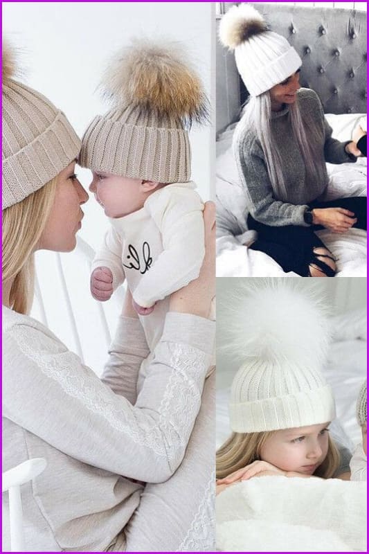 Mom And Kids Winter Knit Faux Fur Pompom Hats - Furdela