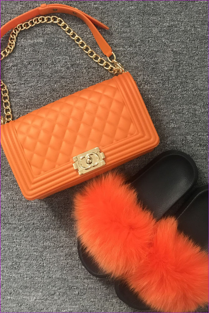 Orange Jelly Shoulder Bag And Slides Set - Furdela