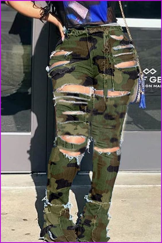 Personality Hole High Waist Camouflage Pants F3668 - Furdela
