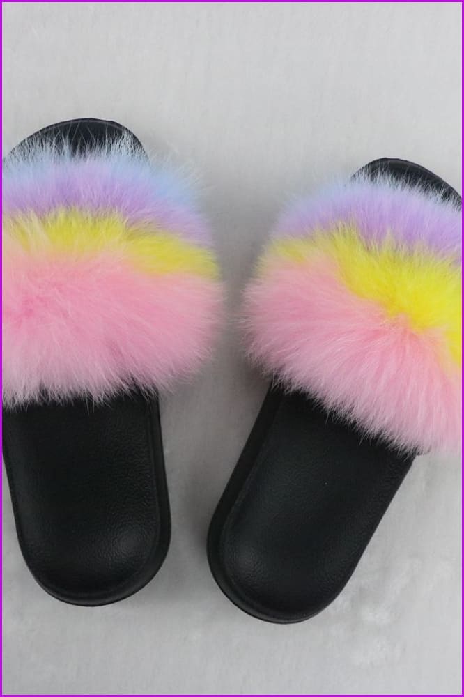 Pink Yellow Purple Blue Mixed Fur Slides F726-05 - Furdela