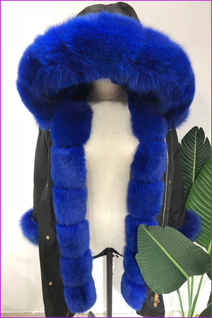 [Pre-sale] S-3XL Navy Rex Rabbit Fur Parka With Fox Fur Collar F305 - Furdela