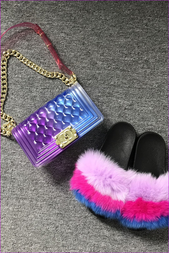 Purple And Blue Jelly Shoulder Bag And Slides Set - Furdela