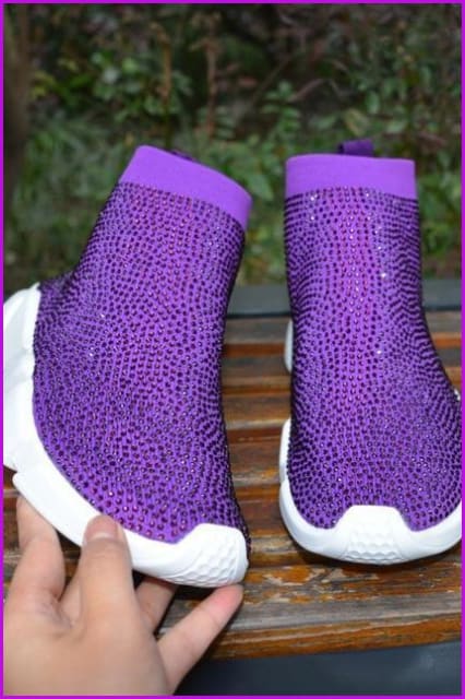 Purple Rhinestone Crystal Sock Boots Sneakers F175 - Furdela