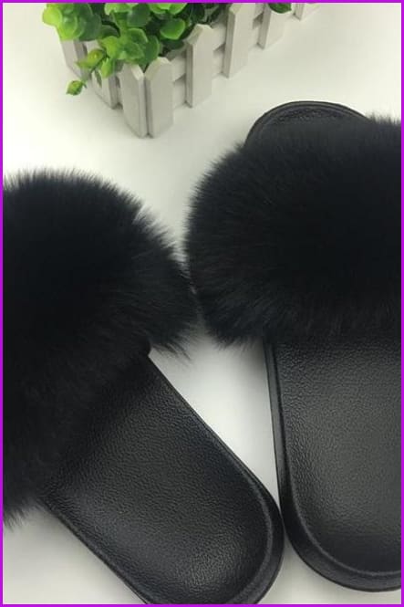 { Ready Stock } Black Fox Full-Pelt Fur Sliders DF003 - Furdela