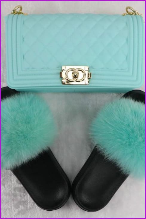 Ready Stock Mint Green Blue Fur Slides & Bag Set F735 - Furdela
