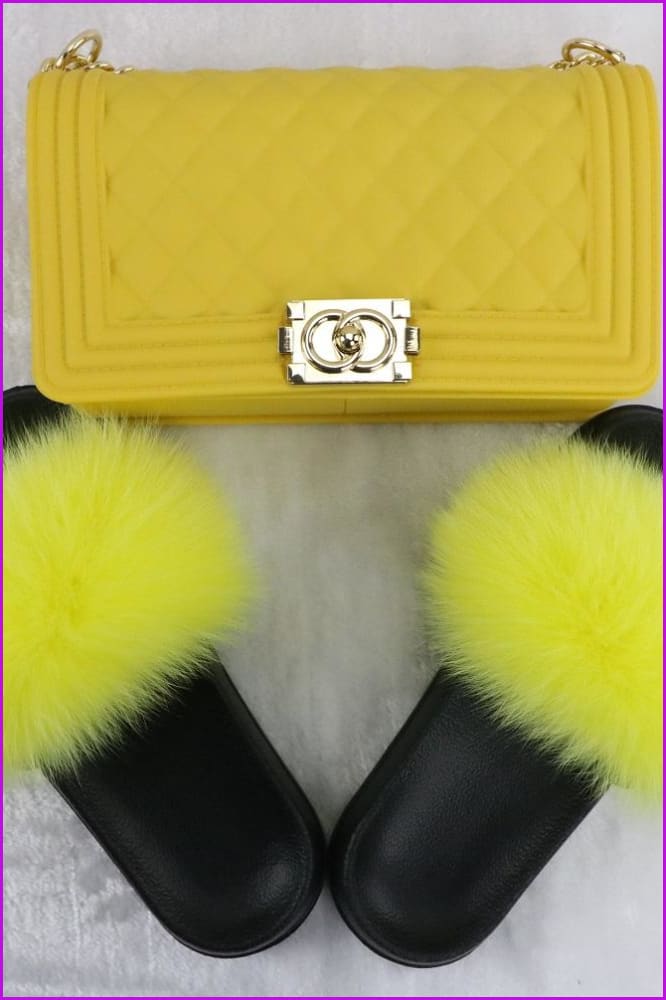 Ready Stock Yellow Fur Slides & Bag Set F735 - Furdela