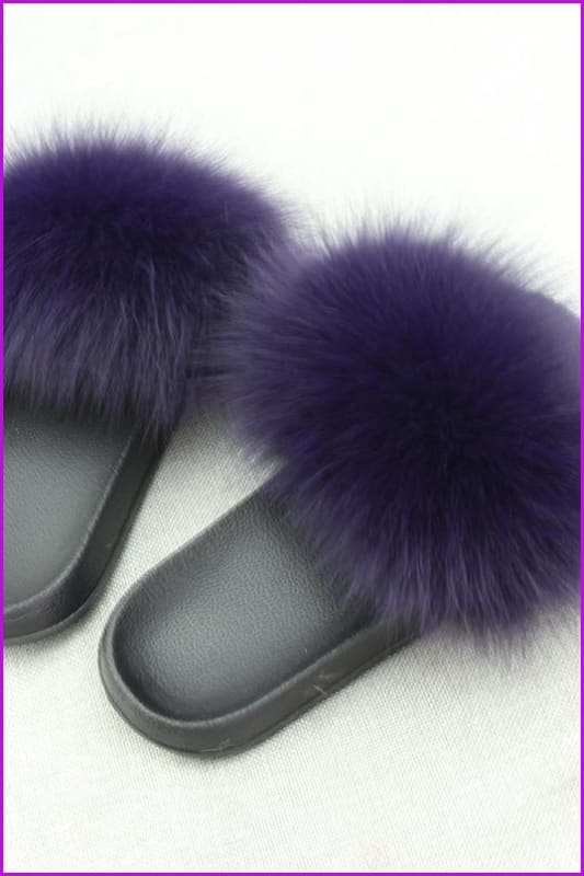 Super Fluffy Dark Purple Fox Full-Pelt Fur Sliders DF035 - Furdela