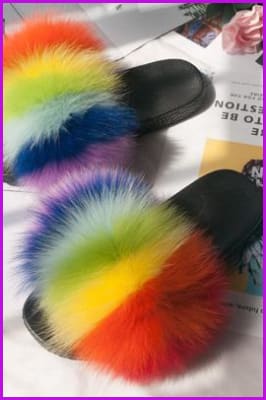 Super Fluffy Rainbow Color Fox Fur Sliders DF035 - Furdela