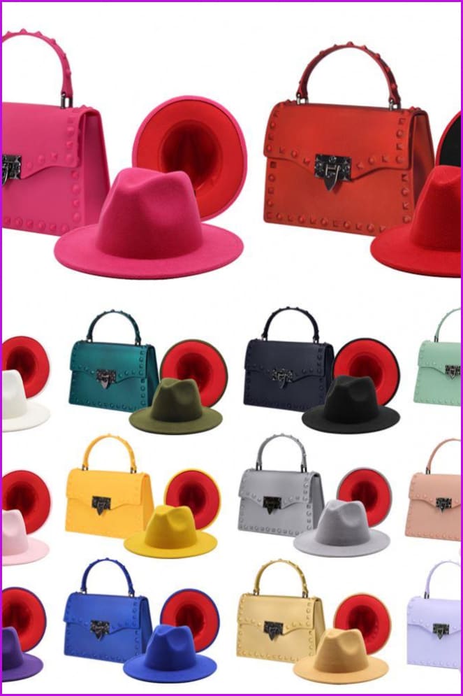 Frosted Rivet Jelly Handbags With Bucket Hat Set - Furdela