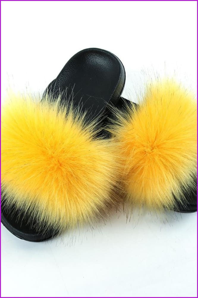Yellow Faux Fake Big Fur Slides F152 - Furdela
