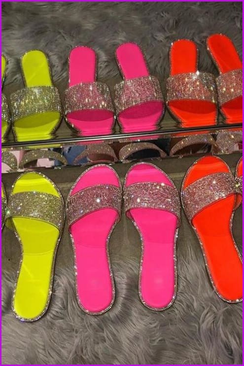 Yellow/Black/Hot Pink/Orange Crystal Slides Sandals F191 - Furdela